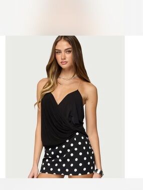 Edikted Black Draped V-Neck Cami with White Polka Dot Skirt